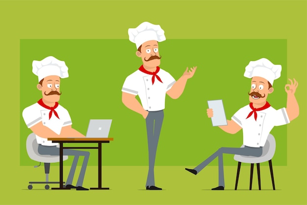 Personaje de dibujos animados plano fuerte chef cocinero hombre en uniforme blanco y sombrero de panadero. niño leyendo nota, trabajando en una computadora portátil y mostrando un signo bien.