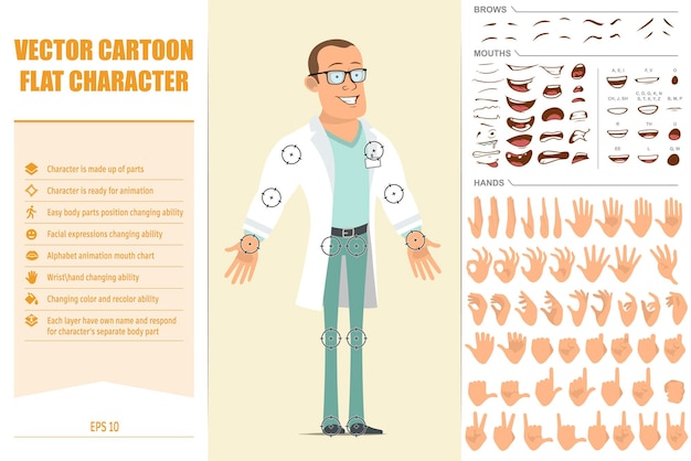 Personaje de dibujos animados plano fuerte doctor hombre en uniforme blanco y gafas. Listo para animaciones. Expresiones faciales, ojos, cejas, boca y manos fáciles de editar. Aislado sobre fondo amarillo.