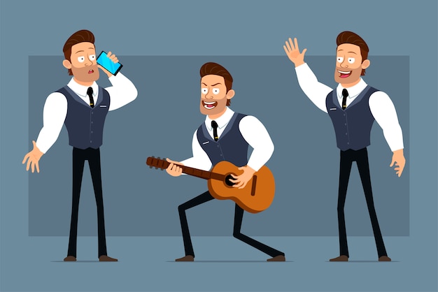 Personaje de dibujos animados plano fuerte empresario musculoso con corbata negra. Listo para la animación. Niño tocando una guitarra, hablando por teléfono y mostrando el signo de hola. Aislado sobre fondo gris. Conjunto de iconos grandes.