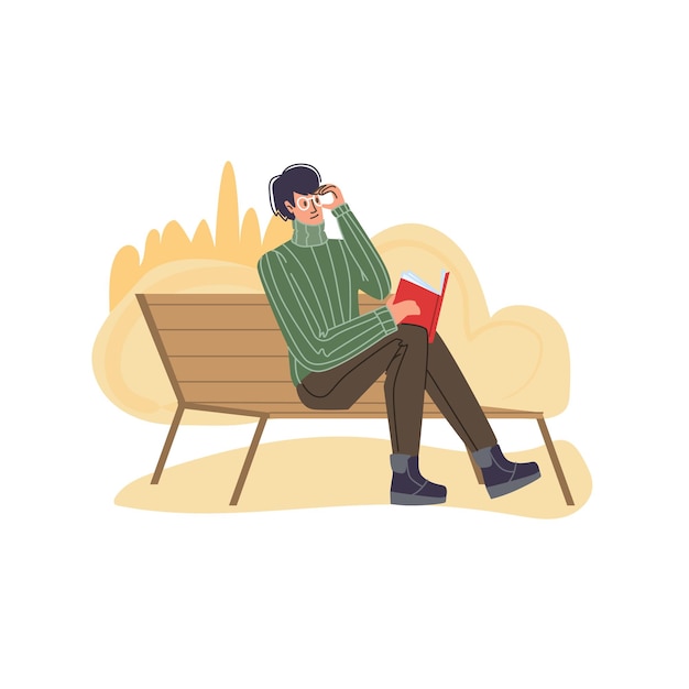 personaje de dibujos animados plano en la temporada de verano sentado en un banco, leer un libro al aire libre