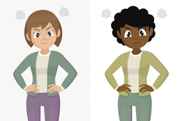 Personaje de dibujos animados plantea, la mujer está enojada. Descontento.