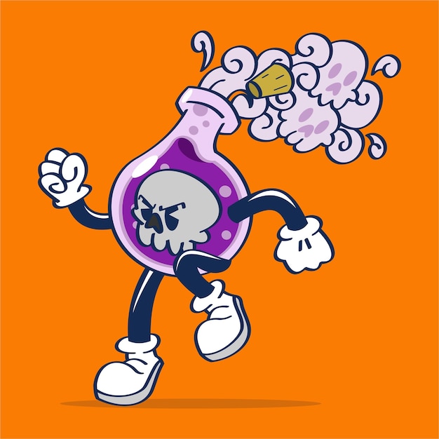 Personaje De Dibujos Animados Poción Venenosa De Halloween Bailando Dibujo A Mano Ilustración Vectorial Estilo Vintage