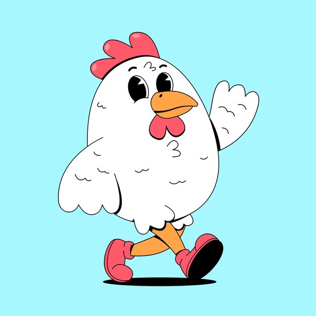 un personaje de dibujos animados de un pollo está agitando felizmente en un fondo azul