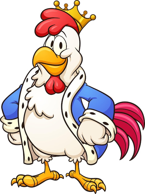 Personaje de dibujos animados de pollo rey que parece orgulloso