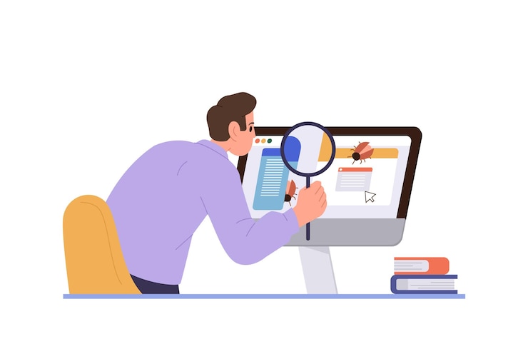 Vector personaje de dibujos animados de programador de garantía de calidad de ingeniero masculino profesional dedicado a la depuración de software de computadora, fijación y captura de ilustración de vector de virus de programa de pc aislado sobre fondo blanco