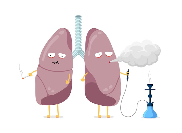 Personaje de dibujos animados de pulmones enfermos insalubres fumando cigarrillos y sistema respiratorio humano de narguile