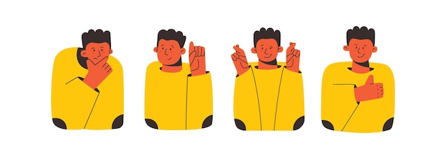 Personaje de dibujos animados que demuestra varios gestos con las manos Pulgares arriba, dedos cruzados como pensativo