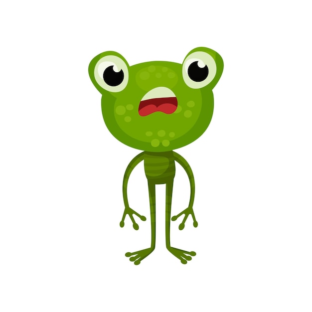 Personaje de dibujos animados de rana con expresión de cara sorprendida animal anfibio verde con cabeza grande diseño de vector plano para libro infantil