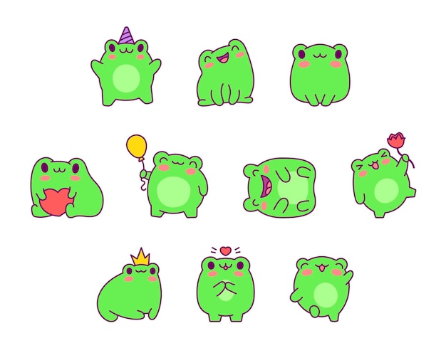 Personaje de dibujos animados de rana kawaii. Animal reptil. Estilo dibujado a mano. Dibujo vectorial