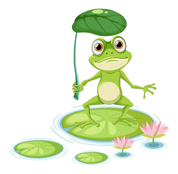 Personaje de dibujos animados de rana verde con paraguas de hoja