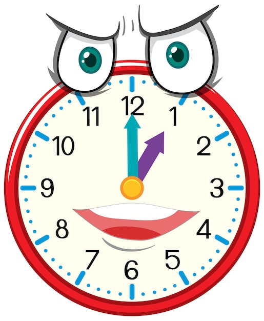 Personaje de dibujos animados de reloj con expresión facial