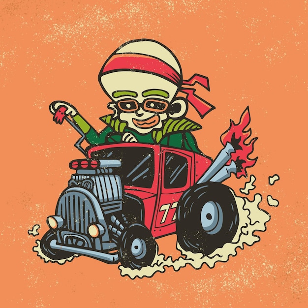 Personaje de dibujos animados retro conduciendo una barra caliente con llamas