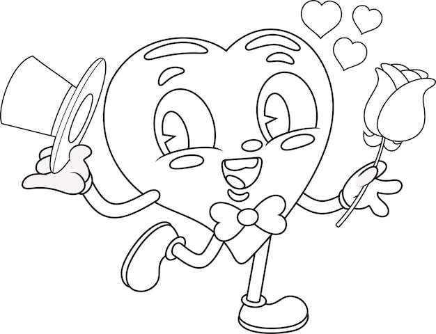Un personaje de dibujos animados retro con un corazón lindo que sostiene una rosa Vector Ilustración dibujada a mano
