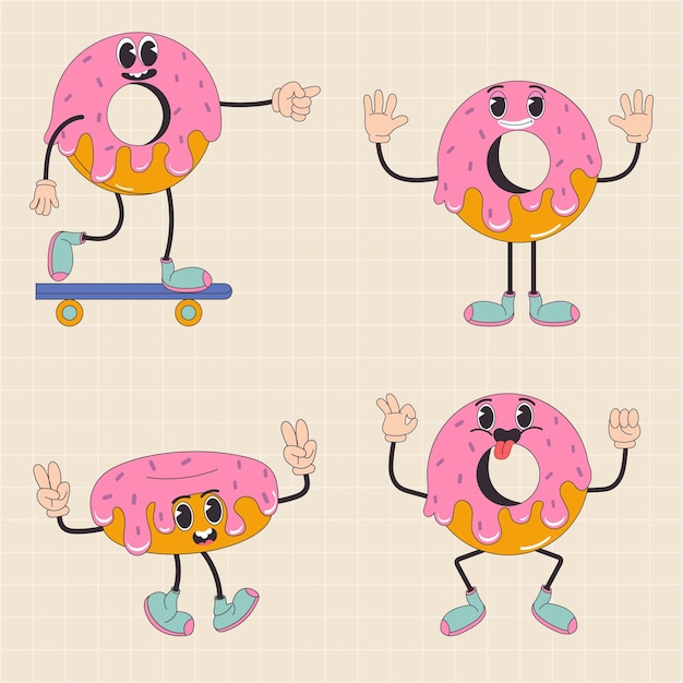 Personaje de dibujos animados retro donut comida 70s en estilo retro hippie maravilloso de moda