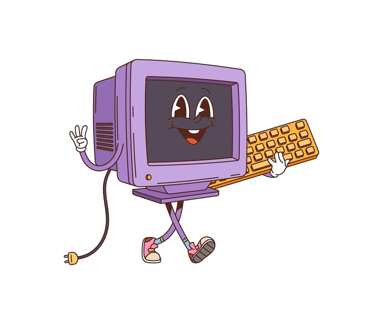 Vector un personaje de dibujos animados retro groovy monitor de computadora