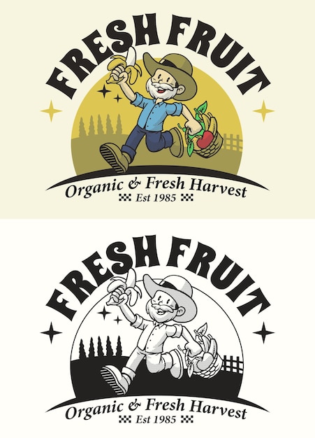 Personaje de dibujos animados retro del logotipo de la mascota del granjero de frutas