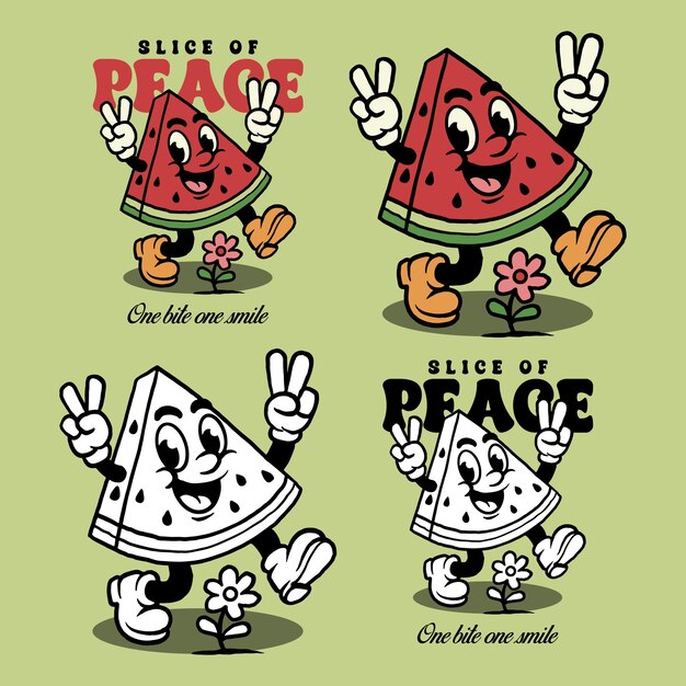 El personaje de dibujos animados Retro Watermelon sostiene la paz Señales de la mascota de la fruta linda Vector