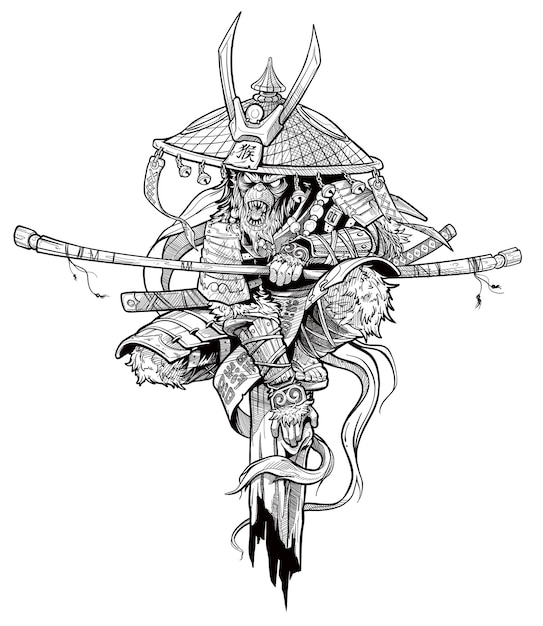 Personaje de dibujos animados rey mono enojado. samurai japonés con  armadura tradicional y sombrero con espada katana y relámpagos. vector  blanco y negro. | Vector Premium