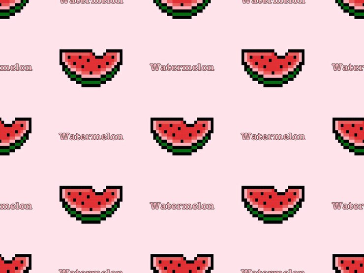 Vector personaje de dibujos animados de sandía de patrones sin fisuras sobre fondo rosa pixel stylex9