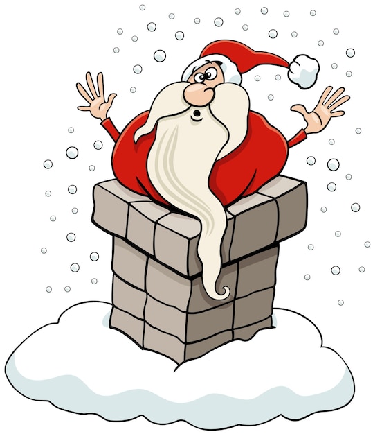 Personaje de dibujos animados de Santa Claus atascado en la chimenea