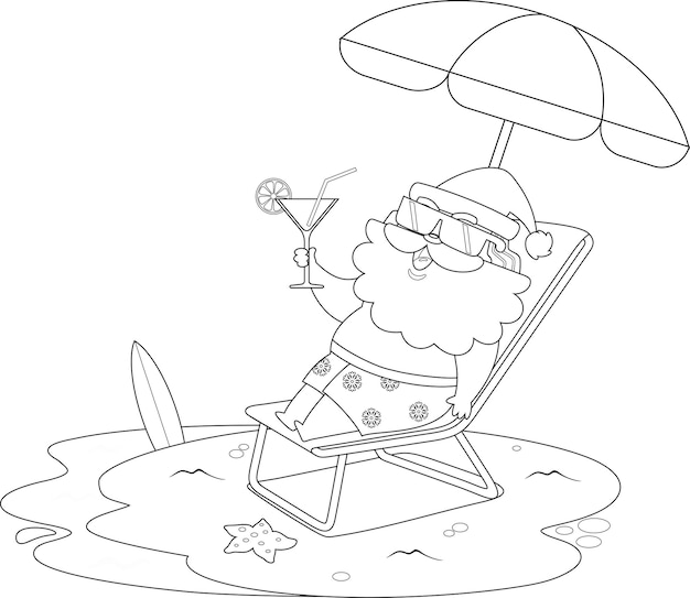 El personaje de dibujos animados de Santa Claus de verano acostado en una silla de cubierta y bebiendo cócteles en la playa