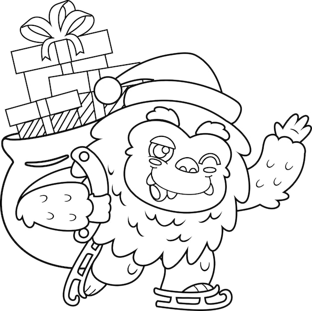 Personaje de dibujos animados de Santa Yeti Bigfoot sonriente contorneado con bolsa de Navidad ondeando