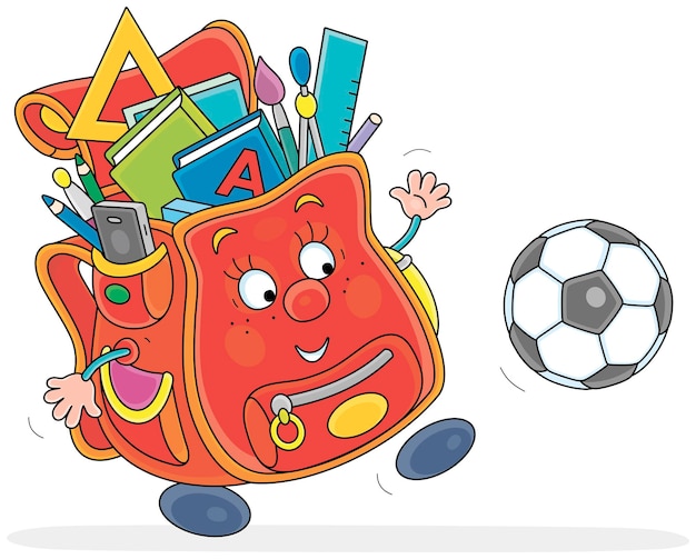 El personaje de dibujos animados Schoolbag jugando un fútbol blanco y negro
