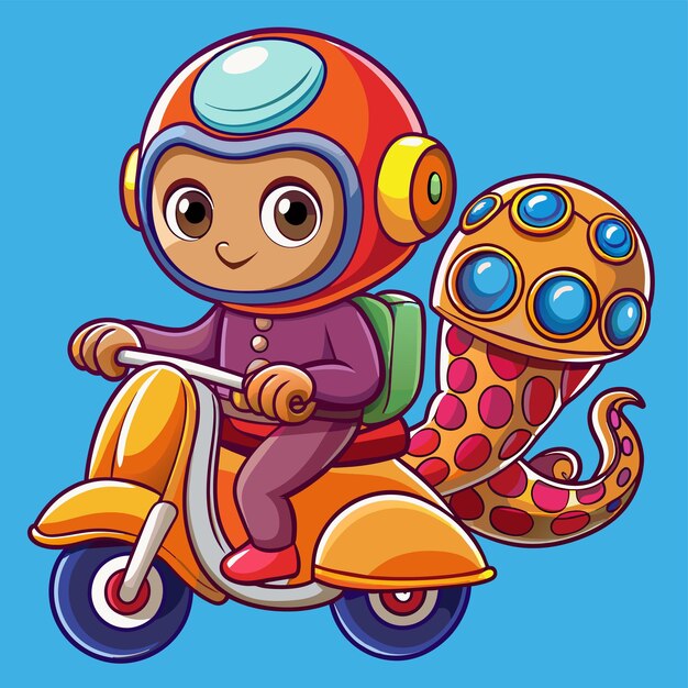 Vector un personaje de dibujos animados en un scooter con un juguete y una tortuga