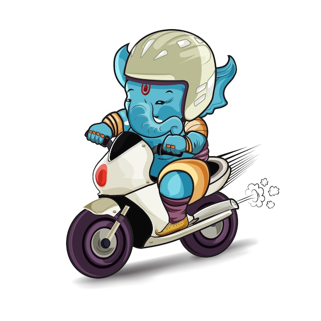 Vector personaje de dibujos animados del señor indio ganesha montando una superbike