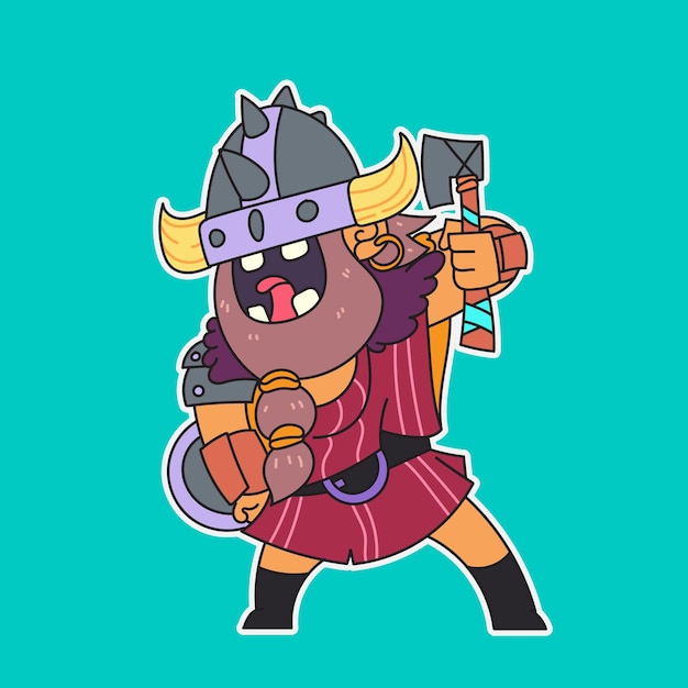 un personaje de dibujos animados simpático vikingo con escudo y hacha en posición lista perfecto para pegatinas y más
