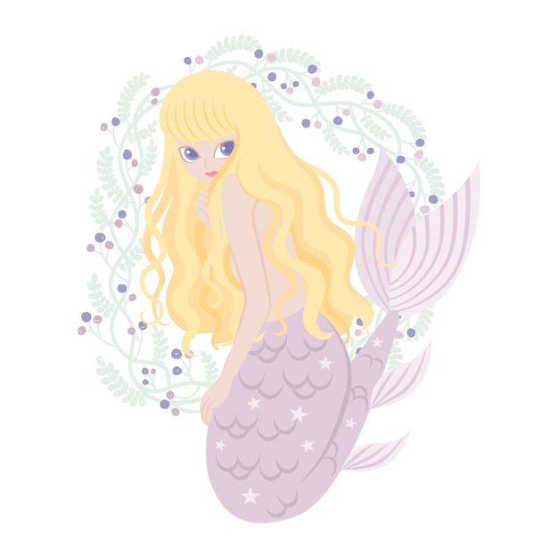 Vector personaje de dibujos animados de sirena con marco floral