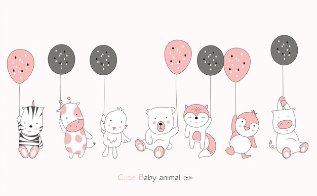 Personaje de dibujos animados sobre animal lindo bebé y globo sobre fondo rosa. estilo de dibujos animados dibujados a mano.