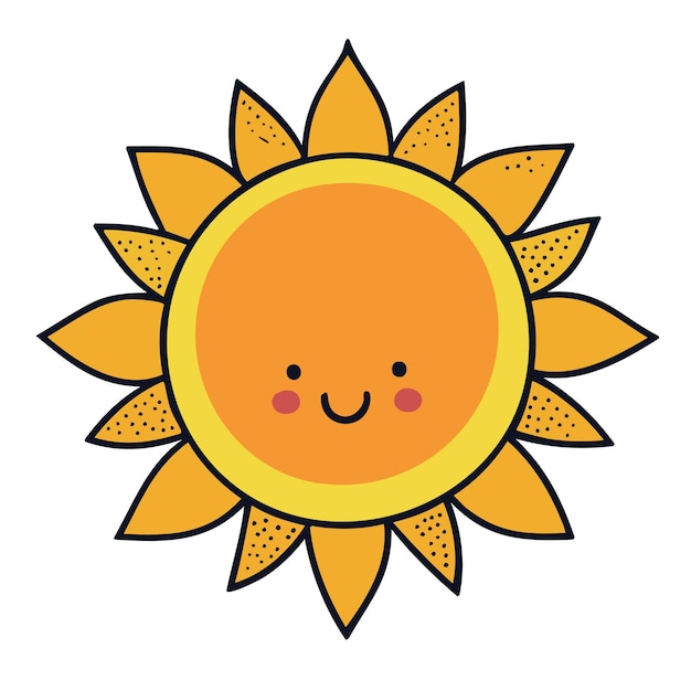 Un personaje de dibujos animados de sol feliz con una cara sonriente y linda
