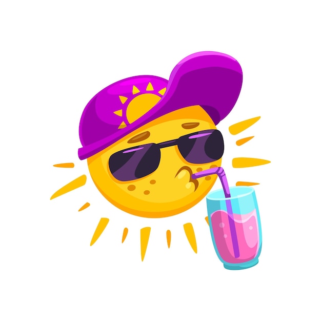 Vector personaje de dibujos animados de sol de verano con cóctel vacaciones de verano clima soleado caliente complejo turístico viajes y recreación mascota vectorial sol divertido personaje aislado con gorra de béisbol bebiendo bebida refrescante