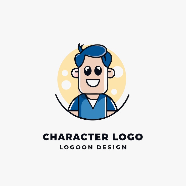Vector un personaje de dibujos animados con un sombrero azul y un círculo amarillo con un hombre en el medio