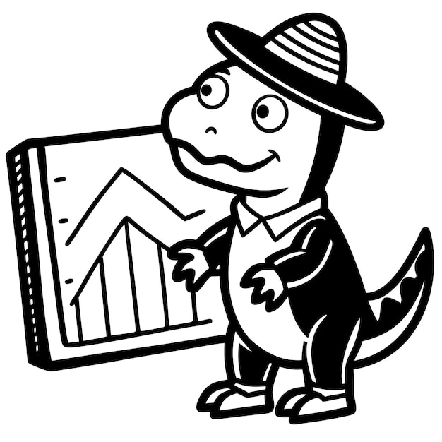 un personaje de dibujos animados con un sombrero y un dibujo de un lagarto con un gráfico en él