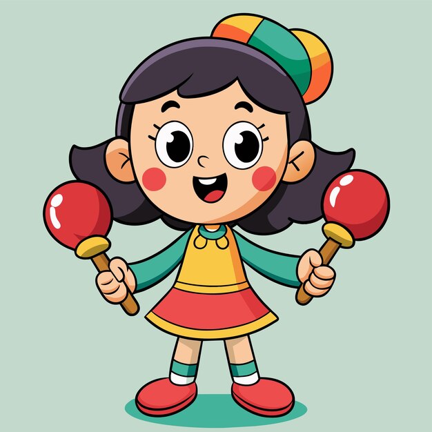 Vector un personaje de dibujos animados con un sombrero de payaso y un gorro colorido sosteniendo piruletas