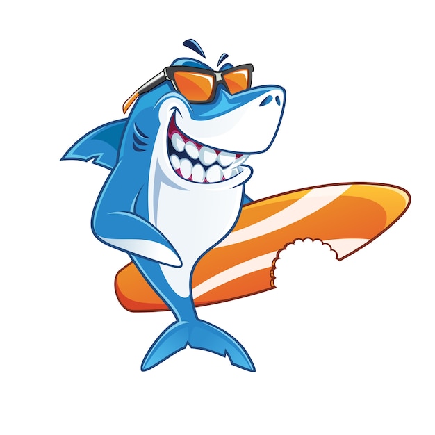 Personaje de dibujos animados sonriente de surf shark