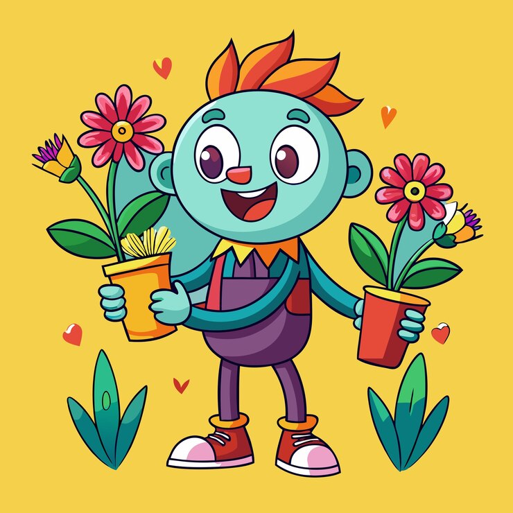 Vector un personaje de dibujos animados sosteniendo una olla de flores y un personaje de caricaturas con una flor en ella