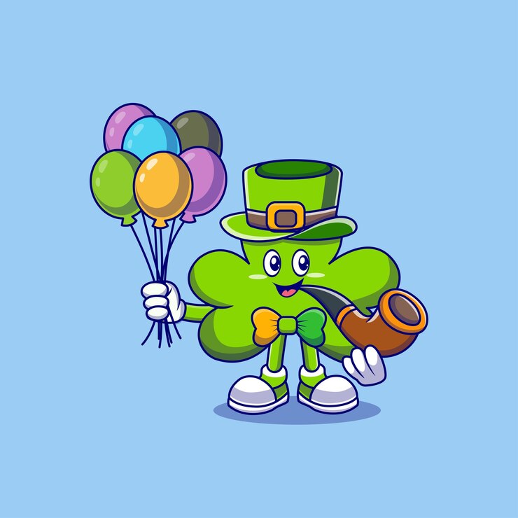 Personaje de dibujos animados de St. Patrick's Clover Leaf con pipa y globos