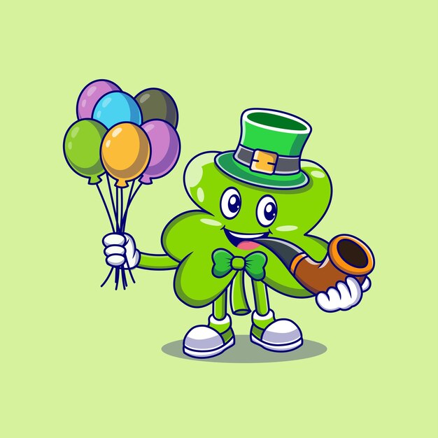 Personaje de dibujos animados de St. Patrick's Clover Leaf con pipa y globos