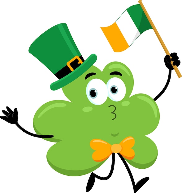 Personaje de dibujos animados de St Patricks Clover Leaf corriendo con la bandera de Irlanda