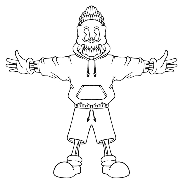 Un personaje de dibujos animados con una sudadera con capucha y una sudadera con capucha que dice "calavera".