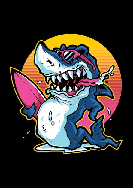 Vector personaje de dibujos animados de surf de tiburón