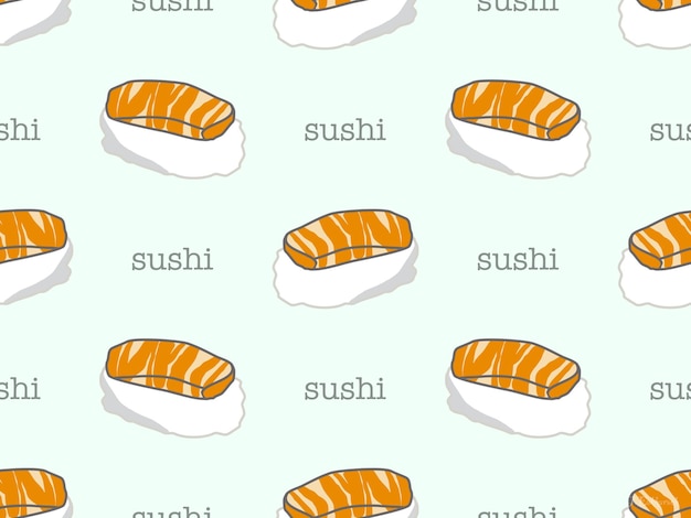 Personaje de dibujos animados de sushi de patrones sin fisuras sobre fondo azul.