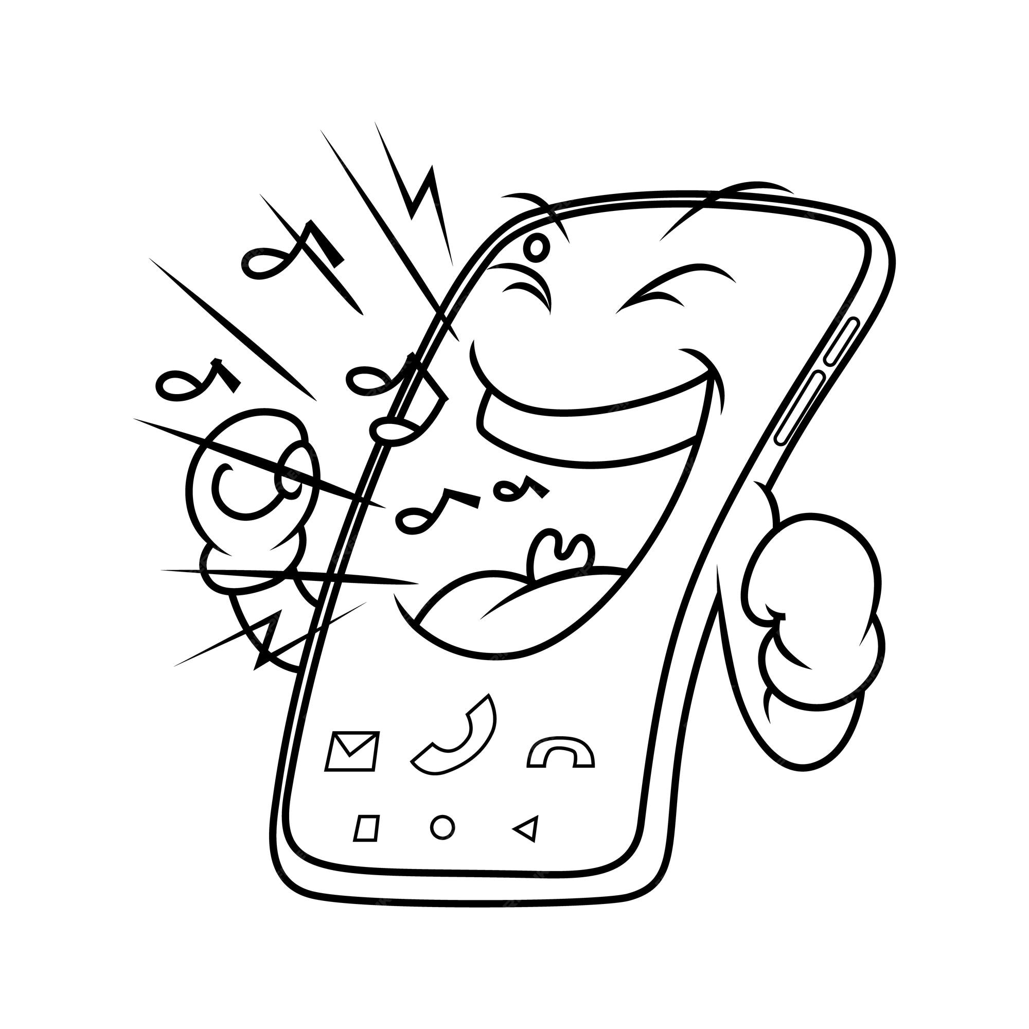 Personaje de dibujos animados de teléfono inteligente para colorear ilustración con pose de timbre | Vector Premium Personaje de dibujos animados de teléfono inteligente para colorear ilustración con pose de timbre | Vector Premium
