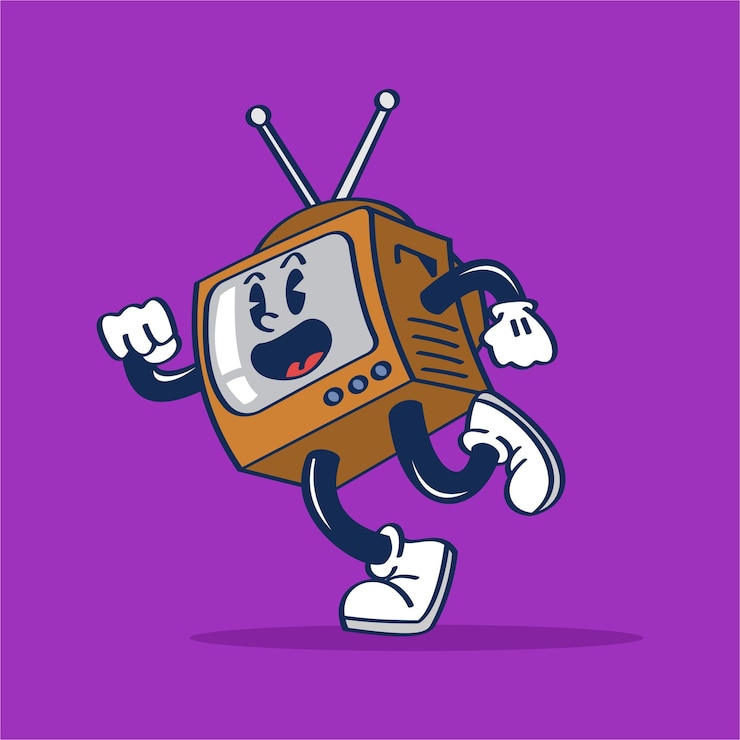 Vector un personaje de dibujos animados de una televisión vintage corriendo con cara feliz dibujando a mano ilustración vectorial