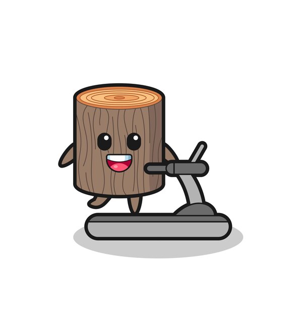 Personaje de dibujos animados de tocón de árbol caminando en la cinta de correr lindo diseño