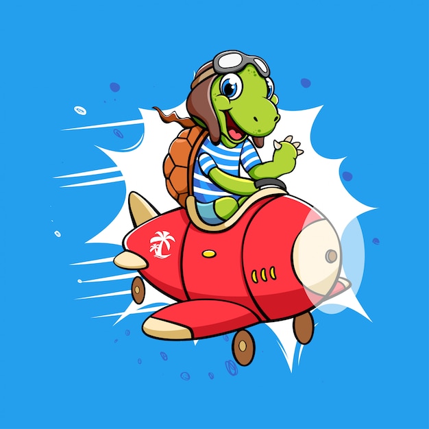 Vector personaje de dibujos animados de tortugas en un avión