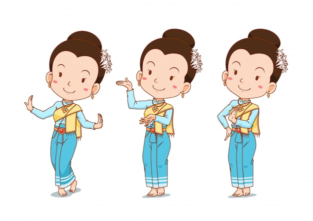 Personaje de dibujos animados de la tradicional bailarina tailandesa en diferentes poses.